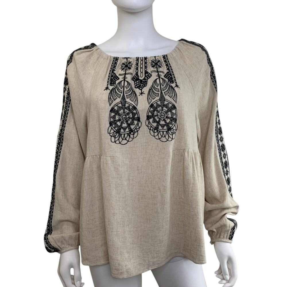 Fourteen & 9th Boho Blouse Size M Linen Blend Embroiderey Black Tan Long Sleeve